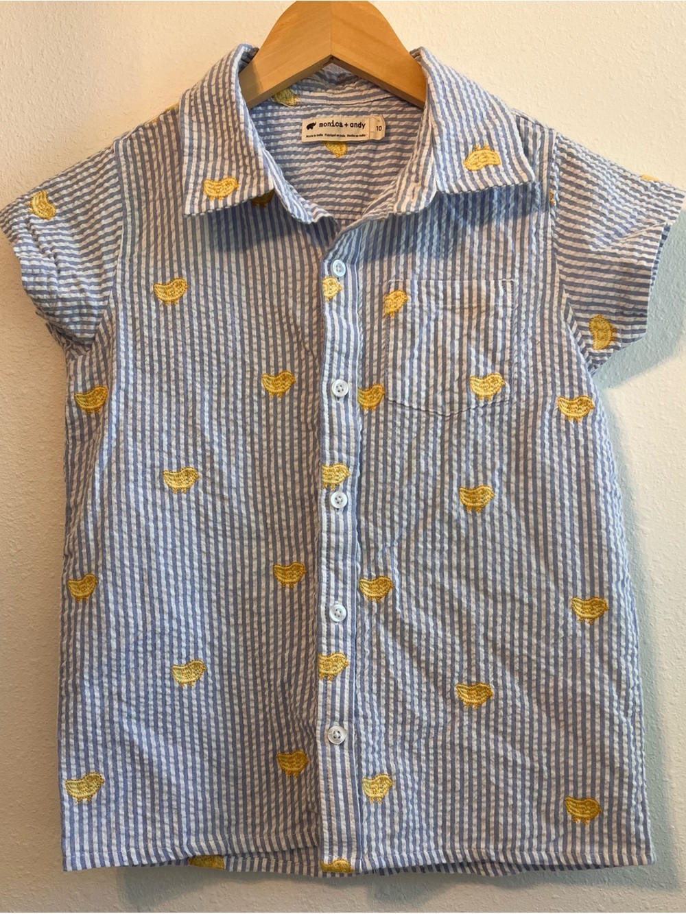 Monica + Andy Blue Stripe Seersucker Shirt with Yellow Chick Embroidery - Kids